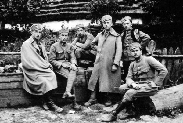 Image -- The Press Office of the Ukrainian Sich Riflemen: (left to right) R. Kupchynsky, I. Ivanets, V. Orobets, V. Dzikovsky, L. Lepky, T. Moiseiovych.