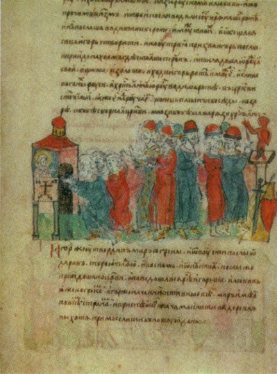 Image -- Prince Ihor concludes a peace treaty with Byzantium (an illumination from the Rus' Chronicle).