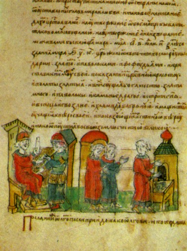 Image -- Prince Oleh concludes a peace treaty after his victory over Byzantium (an illumination from the Rus' Chronicle).