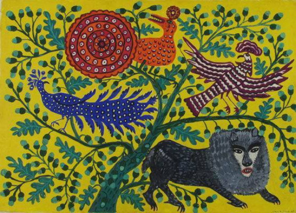 Image -- Mariia Pryimachenko: Animals Visiting the Lion (1963).