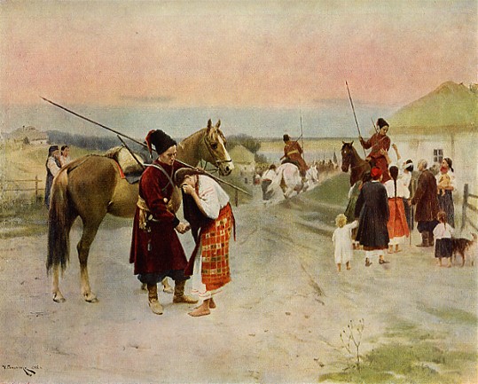 Image -- Mykola Pymonenko: Off to War (1902).