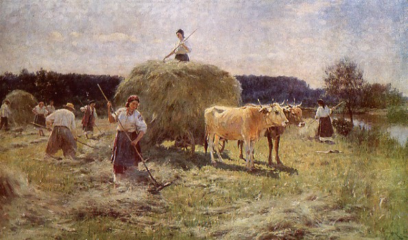 Image -- Mykola Pymonenko: Hay Gathering in Ukraine (1907).