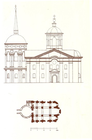 Image -- The Pyrohoshcha Church of the Mother of God in Kyiv (floor plan and southern facade).