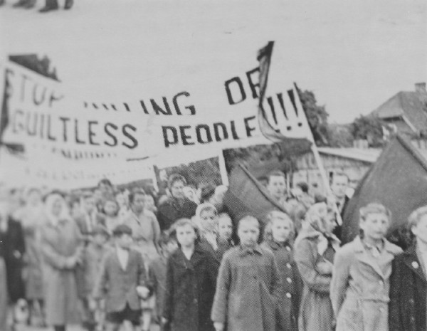 Image -- Ukrainians at the Regensburg DP camp protesting Allied repatriation actions (1946).