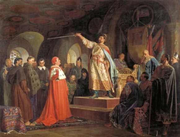 Image -- N. Nevrev: Roman [Mstyslavych] of Halych Receives Envoys from Pope Innocent III (1875, The National Art Museum of the Republic of Belarus).
