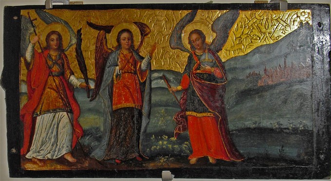 Image -- Ivan Rutkovych: icon Three Angels from the Zhovkva iconostasis (ca. 1697-99).