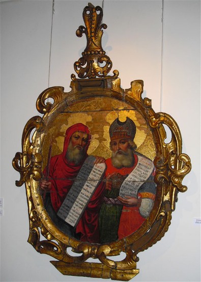 Image -- Ivan Rutkovych: icon of Moses and Zacharias from the Zhovkva iconostasis (ca. 1697-99).