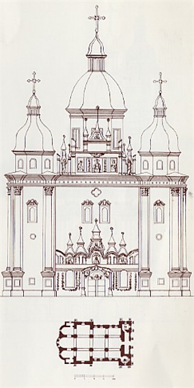 Image -- Saint Nicholas's Military Cathedral in Kyiv (floor plan and western facade).