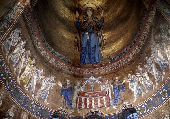 Image -- Mosaics at Saint Sophia Cathedral: Orante and Eucharist.