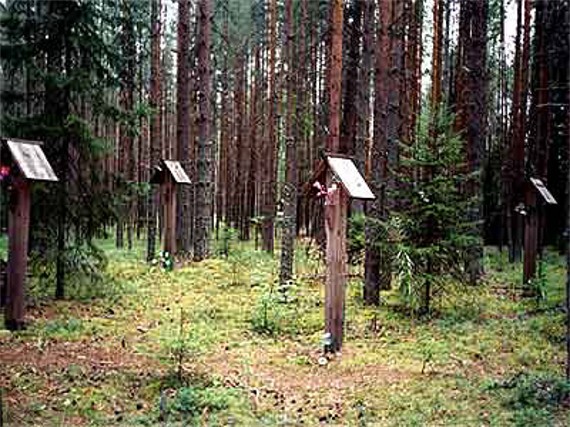Image -- Crosses marking mass graves of prisoners executed by the NKVD in November 1937 in Sandarmokh, Karelia region, RFSSR.