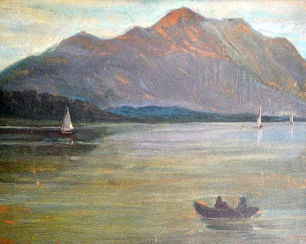 Image -- Volodymyr Savchak: Boat and Mountains (1948).