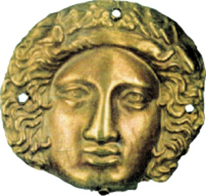 Image -- Scythian art: Gold head of  Dionysos from the Chortomlyk kurhan.