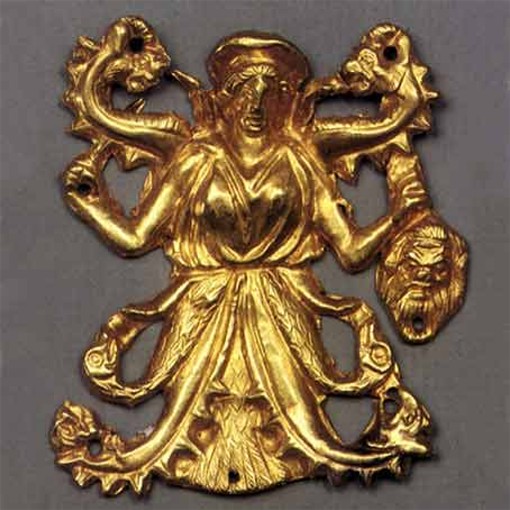 Image -- A gold ornament with a Scythian goddess Apa from the Kul Oba kurhan.