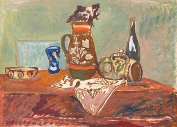 Image -- Roman Selsky: Still Life with Embroidered Napkin (1970s).