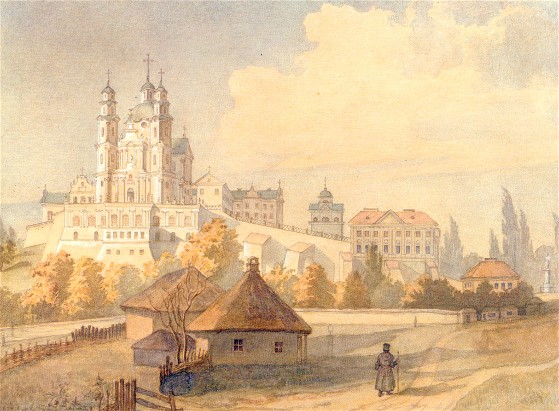 Image -- Taras Shevchenko: Pochaiv Monastery viewed from the South (1846).
