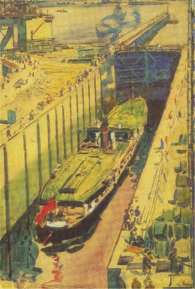 Image -- Oleksii Shovkunenko: Steamship Passing Through a Lock (1933).
