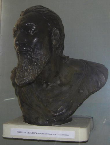 Image -- A reconstructed bust of teh Scythian King Skhilouros from the mausoleum in Neapolis (near Simferopol in the Crimea).