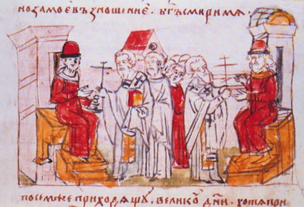 Image -- The pact between Sviatopolk II Iziaslavych and Volodymyr Monomakh (Radziwill Chronicle illumination).