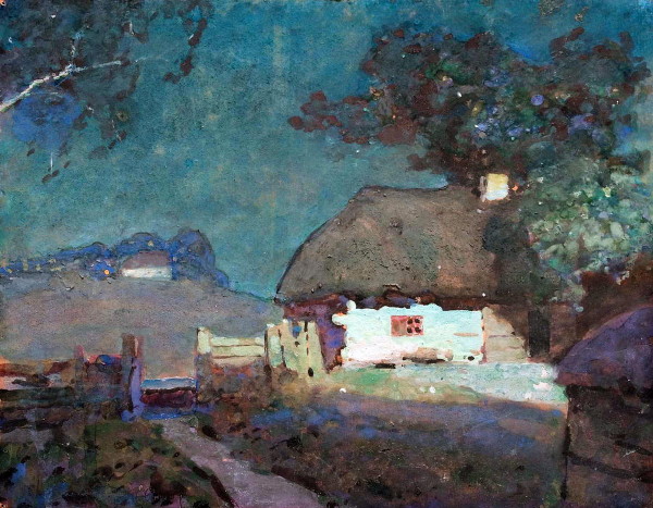 Image -- Hryhorii Svitlytsky: Village House during Moonlit Night (1942).