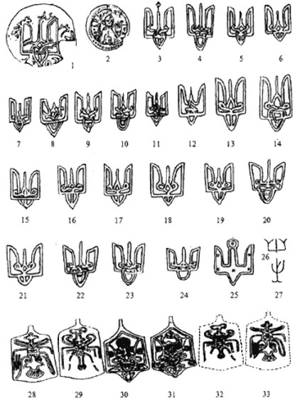 Image -- Trident design on Kyivan Rus' coins (coins 1 to 24 from the times of Volodymyr the Great).