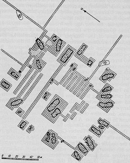 Image -- Plan of a Bronze Age Trypilian culture settlement at Kolomyishchyna, Kyiv region; drawing according to T. Passek, 1949.