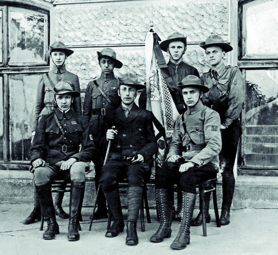 Image -- Oleksander Tysovsky with the first Plast troup in Lviv (1912).