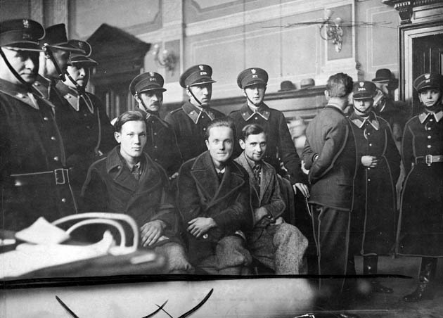 Image - Ukrainian Military Organization members, Vasyl Bilas, Dmytro Danylyshyn, and Marian Zhurakivsky at 1932 trial.