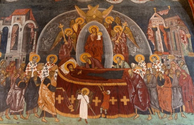 Image -- Ukrainian fresco of the Dormition of the Mother of God in the Sandomierz Cathedral.