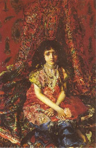 Image -- Mikhail Vrubel: Girl against the Background of a Persian Carpet (1886).