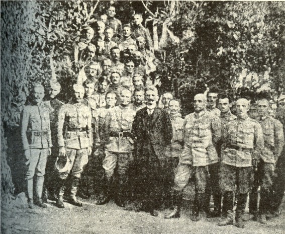 Image -- Yevhen Petrushevych and Myron Tarnavsky with the UHA staff (Berdychiv, 1919).
