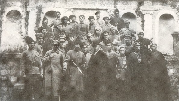 Image -- The Zaporizka Sich soldiers led by Otaman Yurii Bozhko (center) with Osyp Makovei (April 1919).