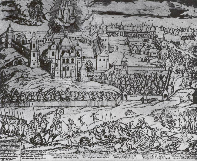 Image -- Nykodym Zubrytsky: Turkish Siege of Pochaiv (1704).